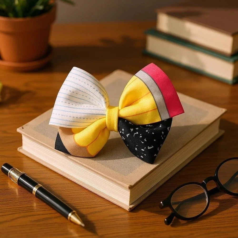 Back to School Hair Bow‎ – Notebook, Pencil & Crayon Themed Bow – School Bow